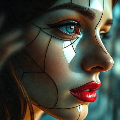 The primary subject of the image is a woman with a unique and artistic appearance. She has a face painted with a mix of white and blue colors, giving her a striking and creative look. The setting is a room with a window, and the visual style is a digital art or illustration. The colors and mood of the image are vibrant and lively, with the woman's face being the main focus and the backdrop providing a contrasting element to the artistic expression.